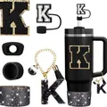 Black 40oz Stanley cup accessory set with letter K charm, straw cover and boot - Letter A / Black And Gold Style
