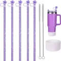 Close-up of purple glitter straw set with cherry blossom caps and a cleaning brush - Purple