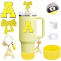 Yellow Stanley cup accessories set with butterfly charm, straw cover and glitter letter A - Letter A / Bright Yellow Style