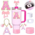Gobelet rose 40oz avec patch lettre A, protège-paille nœud et base à paillettes - Lettre A / Style Rose
