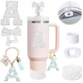 Set gobelet rose avec lettre A en strass, protège-paille papillon et étui à paillettes - Lettre A / Style Rose avec Strass