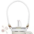 Silicone water bottle handle strap with gold buckles and straw cover set for large tumblers - White