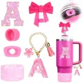 Détails du kit d'accessoires rose pour tasse Stanley avec paille et protection pailletée - Lettre A / Style Rose