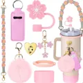 Rosa Kirschblüten-Strohhalm-Set mit gewebtem Griff und Anhänger für Wasserbecher - Rosa