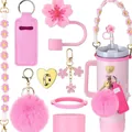 Rosa 10mm Blumen Strohhalmabdeckung Set mit Häkelgriff und Plüsch Schlüsselanhänger - Lotosrosa
