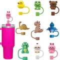 Set of 9 cute silicone animal straw covers for 10mm straws on a pink insulated tumbler - Animal And Dinosaur Style (Combination 3)