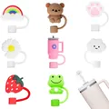 Macro view of eight colorful silicone cartoon straw covers in various cute animal shapes - Rainbow And Fruit Style (Combination 4)