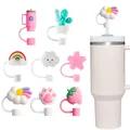 Close-up of 8 cute silicone straw covers featuring cat paw, strawberry and rainbow designs - Cute Elements Style (Combination 6)