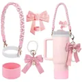 Kit d'accessoires rose pour gobelet 40oz avec poignée corde et breloque nœud - Ensemble Nœud Bloc de Couleur Rose Et Blanc (Style 7)