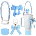 Kit d'accessoires bleu pour gourdes avec poignée tissée et bouchon de paille nœud - Ensemble Nœud Frais Bleu Clair (Style 12)