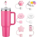 Pink tumbler with 10mm straw featuring creative silicone toppers in fruit and star shapes - Pink Themed Style (Combination 10)