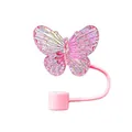 Pink butterfly straw topper for Stanley cups with iridescent resin wings and silicone base - Pink