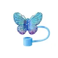 Blue laser butterfly straw cover for Stanley tumbler with light blue silicone dust cap - Dark Blue