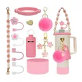 Pink cherry blossom accessory set for tumblers with floral straw cover and strap - Pink Style (Style 2)