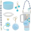 Close-up of light blue flower straw cover and silicone boot set on a tumbler - Blue