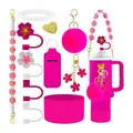 Hot pink Stanley cup accessory set with floral handle strap and fuzzy ball charm - Rose Red Style (Style 4)