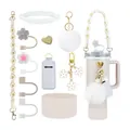 Stanley cup accessory set with letter charm, straw cover, and white silicone boot - Cream Style (Style 5)