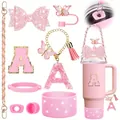 Pink accessories set for 40oz tumbler with bow, straw cover, chain handle and letter A charm - Double Butterfly Style / Pink