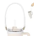 Close-up of white silicone beaded water bottle strap with gold metal carabiners for tumbler - Beaded Style / White