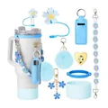 Light blue 26-letter Stanley cup accessory set with floral chain and straw topper - Fresh Blue And White