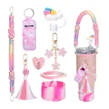 Pink 6-piece water bottle accessory set with handle strap, straw cover, and silicone boot - Pink Marble Style (Style 3)