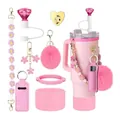Pink cup accessory set with initial charm and plush ball for 40oz insulated tumblers - Sweet Pink With Large Gem