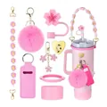 Pink sakura tumbler accessory kit with alphabet charm and cherry blossom straw cover - Cherry Blossom Pink Theme