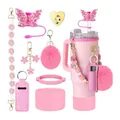 Pink 40oz tumbler set with butterfly straw cover, heart charms and plush keychain - Glitter Butterfly Pink