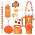 Orange water bottle accessory kit with straw topper and keychain for 30oz 40oz tumblers - Orange Autumn Maple Leaf Theme Accessory Set (Style 1)