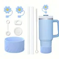 Set de gobelet isotherme bleu clair avec poignée, pailles et embouts en silicone fleur - Bleu