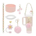Kit accessoires rose pour gobelet 40oz avec coque silicone, anse fleurie et paille - Ensemble en Tricot Floral Rose-Beige (Style 6)