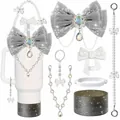 Set accessori per bicchieri con fiocco in velluto grigio e catena di perle - Set 8