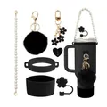 Black accessory set for water bottle with silicone boot and pearl handle strap - Black (Style 1)