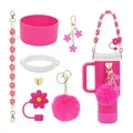 Kit d'accessoires rose pour gobelet 40oz avec base en silicone et pendentifs à fleurs - Ensemble de fleurs au crochet rose pêche (Style 9)