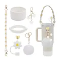 Kit accessoires gobelet marguerite rose avec botte silicone et pendentif lettre J doré - Ensemble Tissé Marguerite Blanc Jaune Gris (Style 10)