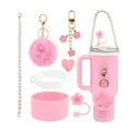 Pink water bottle accessories set with floral straw cover and heart charms for tumbler - Pink (Style 4)