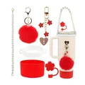 Orange water bottle accessory set with silicone flower straw cover and pearl handle strap - Cream Red (Style 6)