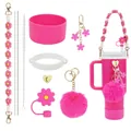 Kit d'accessoires rose avec poignée fleurie et bouchon de paille pour gourde de sport - Thème Rose Vif (11)