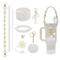 Anse tressée marguerite et kit d'accessoires en silicone pour gobelet Stanley - Thème Marguerite Beige Clair (12)
