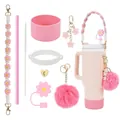Set d'accessoires en silicone rose pour gobelet 40oz avec breloque fleur et paille incluse - Thème Pendentif Lettre J Rose (13)