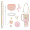 Kit accessoires gobelet avec protection silicone rose poignée marguerite et breloques - Thème Crème Rose Macaron (14)