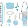 Protection en silicone avec sangle fleurie et protège-paille pour gobelets isothermes - Thème Frais Bleu Ciel (16)