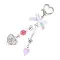 Llavero de cuentas rosas con lazo de satén, cierre de corazón y dijes de corazón púrpura - Estilo Lazo Rosa con Cuentas Cierre de Corazón (25952-2)