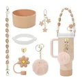 Dusty pink silicone tumbler accessory set with flower charms and plush ball pendant - Nude Pink (Style 1)