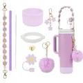 Kit d'accessoires pour gobelet 40oz avec breloques fleurs mauves et étui en silicone - Style Crème Violet Pâle (18)
