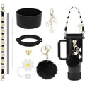 Accessoires pour gobelet Stanley avec sangle marguerite, coque silicone et breloque coeur noir - Classique Noir Blanc Or (19)