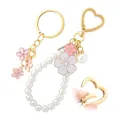 Llavero de flores de cerezo y perlas con cierre de corazón dorado y dijes florales - Estilo Anillo de Perlas Sakura Cierre de Corazón (25952-4)