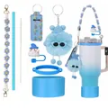 Kit d'accessoires bleus pour gobelet avec sangle fleurie, breloques et protège-paille - Thème Monstre Dégradé Bleu (20)