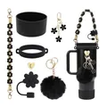 Black accessories set for Stanley cup featuring silicone boot and floral charms - Black Gold (Style 3)