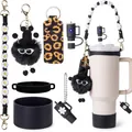 5-piece flower accessory set including straw cover, lanyard, and plush soot charm for tumblers - Black